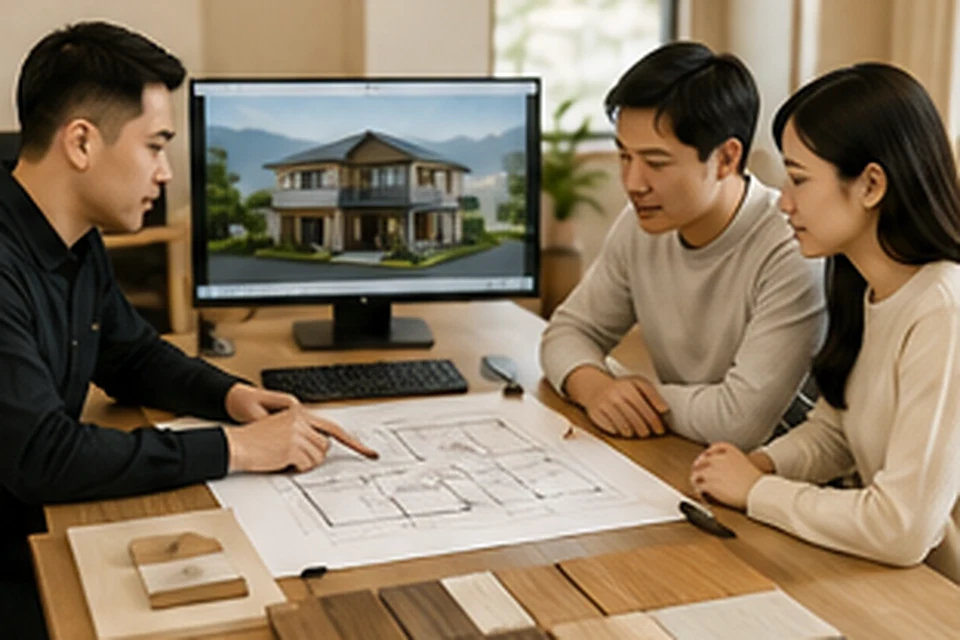 Kiến trúc sư trao đổi bản vẽ và phương án thiết kế với khách hàng